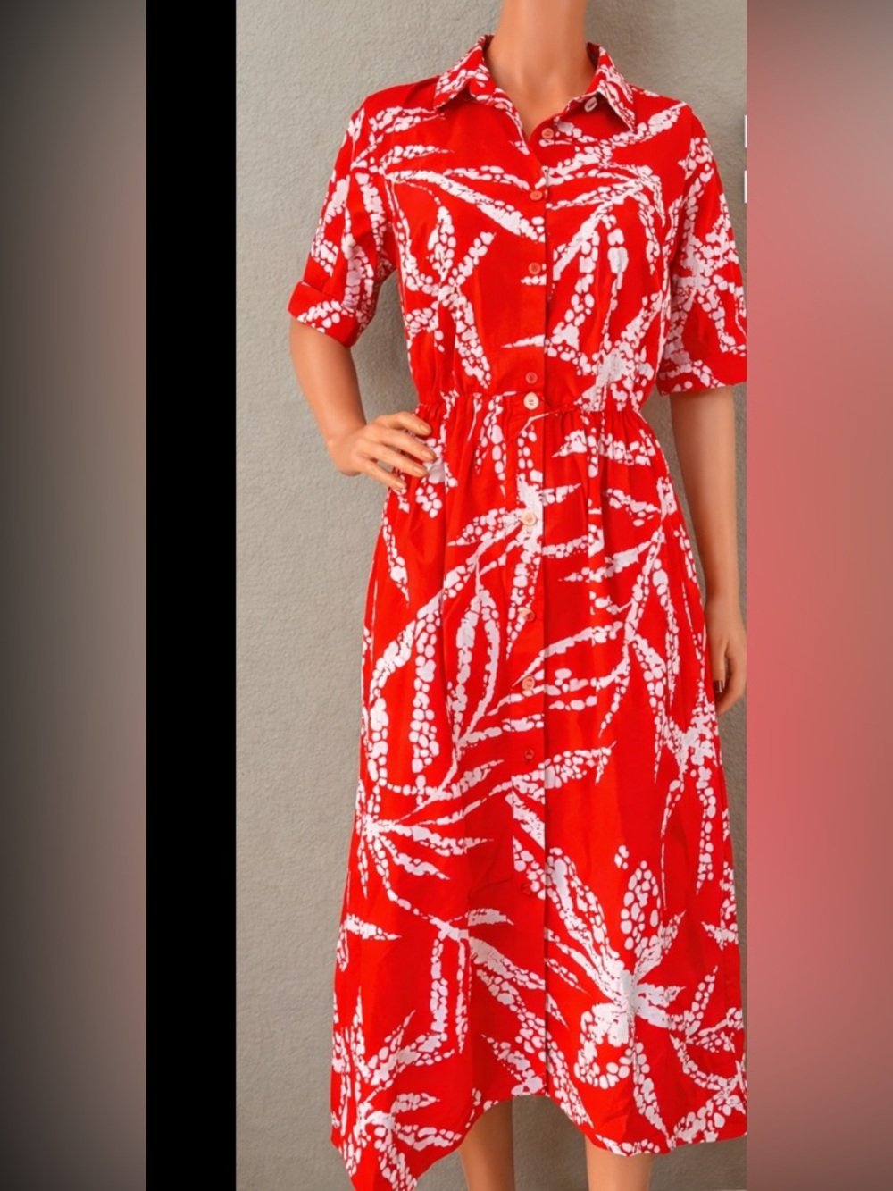 DKNY Red White Midi Dress Button Front Short Sleeve Cotton Print Women L